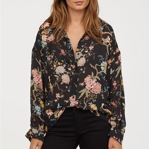H&M Black and Pink Boxy Blouse with Notched Collar